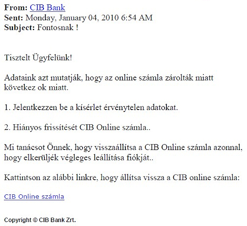 CIB Bank adathalász levél