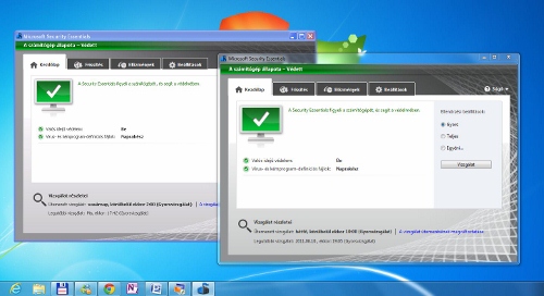 Microsoft Security Essetials kezelőablakai, a háttérben egyenesen a virtuális gépből.
