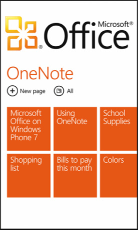 OneNote a Windows Phone 7 Office Hub-jában.