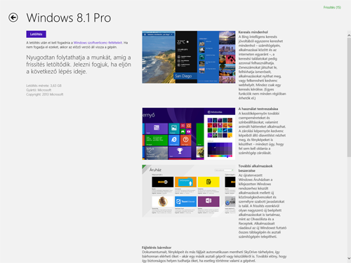 A Windows 8.1 Pro frissítés 3,63 GB