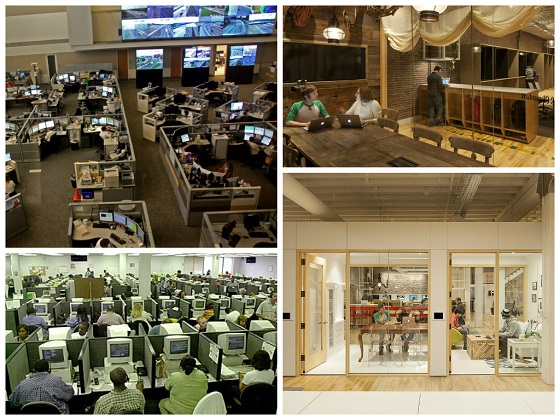 Bal oldalon a klasszikus call center munkaállomások, jobbra az Airbnb irodája Bal oldalon a klasszikus call center munkaállomások, jobbra az Airbnb irodája