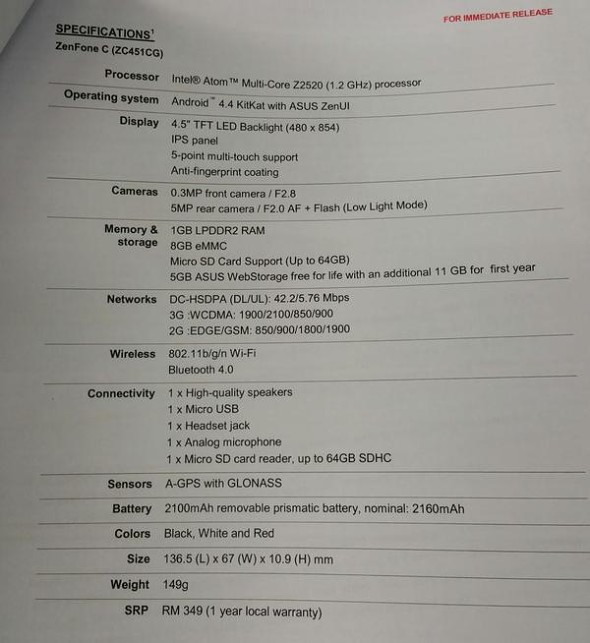 ASUS ZenFone C specifikáció
