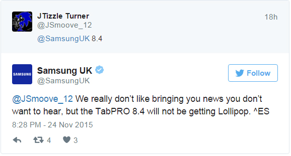 A kellemetlen hírt a brit Samsung részleg Twitteren közölte: nem érkezik több rendszerfrissítés a TabPRO 8.4-re