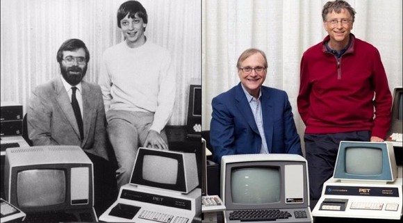 Paul Allen és Bill Gates 1981-ben, illetve 2013-ban
