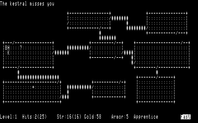 A Rogue eredetileg egyetemi mainframe számítógépeken jelent meg 1980-ban. A kép az 1986-os TRS-80-verziót mutatja, ami talán a legjobban hasonlít az eredetire. A Rogue eredetileg egyetemi mainframe számítógépeken jelent meg 1980-ban. A kép az 1986-os TRS-80-verziót mutatja, ami talán a legjobban hasonlít az eredetire.