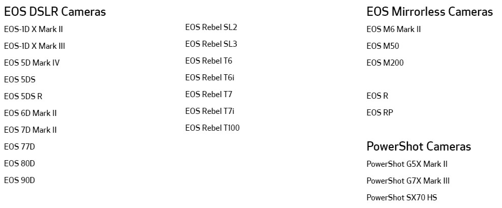 Az EOS Webcam Utility-vel kompatibilis eszközök listája