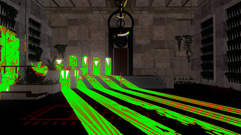 Hybrid Shadows Sample, zöldel jelölve azokat a pixeleket, amelyeken sugárkövetés történt