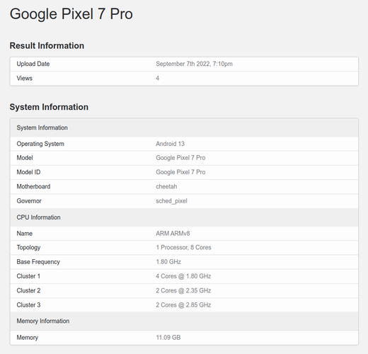 A 12 GB RAM-mal szerelt Google Pixel 7 Pro eredménye a Geekbench-en.