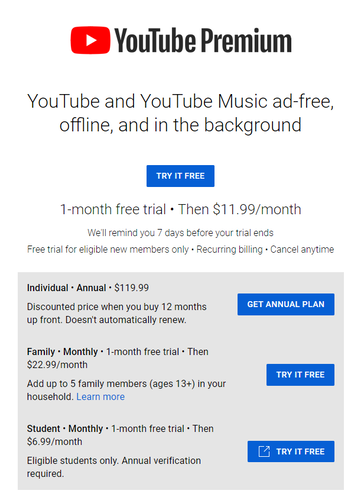 A YouTube Premium új árai dollárban.