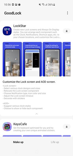 Good Lock a Galaxy Store-ban, valamint az alkalmazás főoldala. (Galaxy S10+)