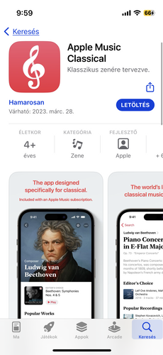 Apple Music Classical az App Store-ban és az alkalmazás rendszerkövetelményei.