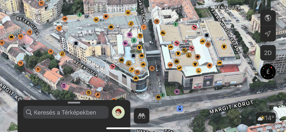 A 3D-s nézet Budapest belvárosára terjed ki részletesebben, a képen láthatók az új beltéri navigációs pontok is, a Mammut bevásárlóközpont boltjait egész pontosan jelzi a szolgáltatás