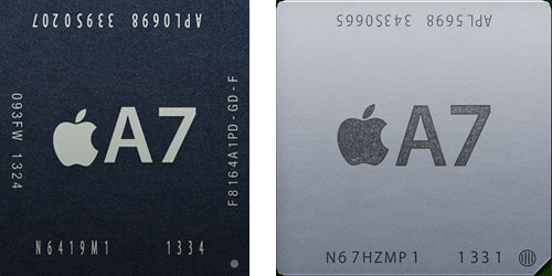 Balra az iPhone 5s, jobbra az iPad készülékekbe kerülő Apple A7 rendszerchip