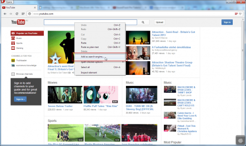 Opera Next 15 - YouTube - Add as search engine...