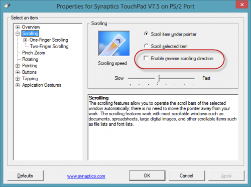 Synaptics TouchPad driver - Enable reverse scrolling direction