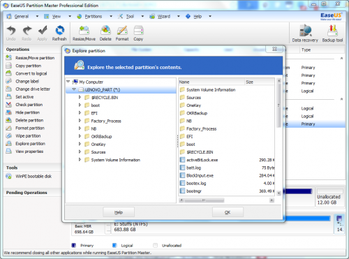 Windows 7 + EaseUS Partition Master - browsing hidden Lenovo OEM partition