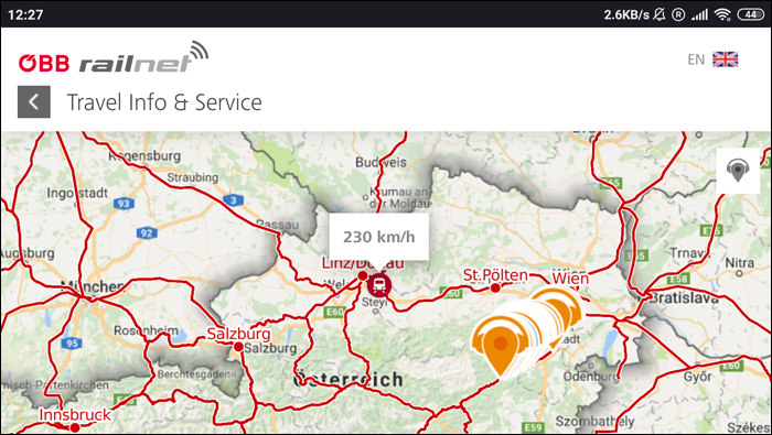 A Railjet fedélzetén elérhető vonatkövetővel pontosan láthatjuk, hogy merre járunk. A Railjet fedélzetén elérhető vonatkövetővel pontosan láthatjuk, hogy merre járunk.