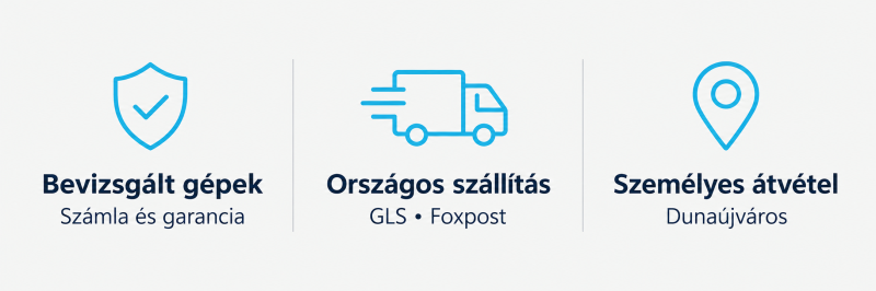Bevizsgált gépek, számla és garancia. Országos szállítás GLS-sel és Foxposttal. Személyes átvétel Dunaújvárosban.