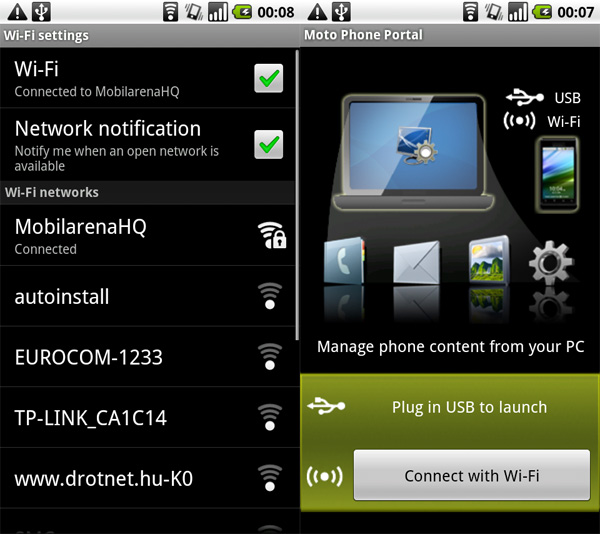 Motorola Milestone menü