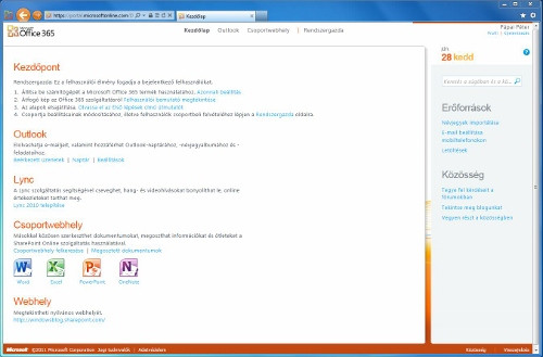 Az Office 365 kezdőlapja