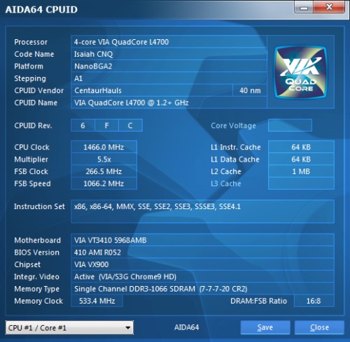 Az AIDA64 CPUID összegzése a négymagos VIA CPU-ról