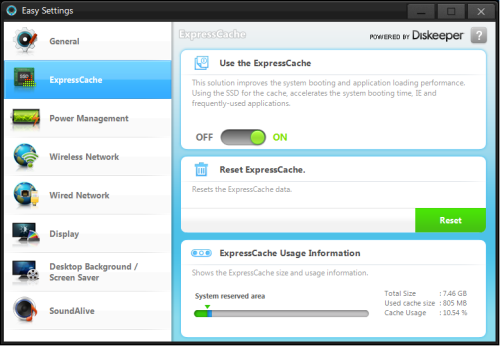 Az Easy Settings ExpressCache beállítófelülete