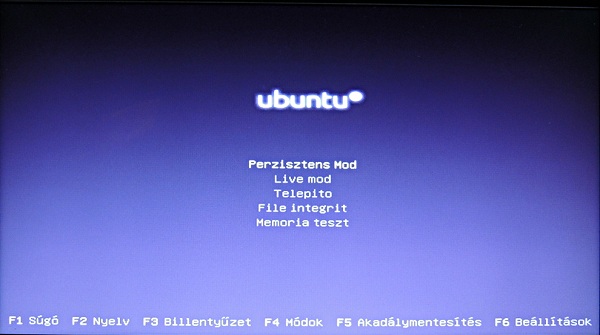 A Live USB Ubuntu indítómenüjében az alapértelmezett mód a perzisztens