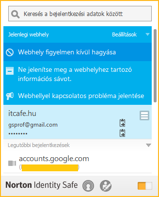 Ugyanezen ablakban a jelenlegi webhely melletti beállításokra kattintva, megjelennek a végrehajtható opciók egy listában, kékkel jól elhatároltan kiemelve