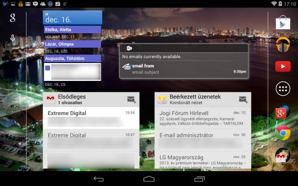 Android 4.x rendszereken öt darab kezdőképernyő van, melyek tökéletesen alkalmasak arra, hogy widgeteket helyezzünk el rajtuk