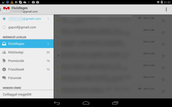 A bal oldali menü: váltási lehetőség a Gmail fiókok között, alatta pedig a Google féle kategorizálási rendszer