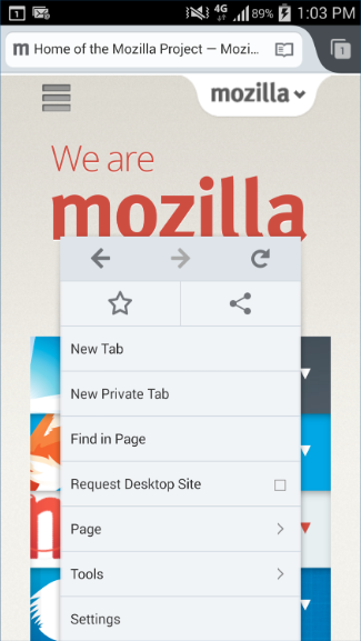 Mozilla Firefox context menu Android