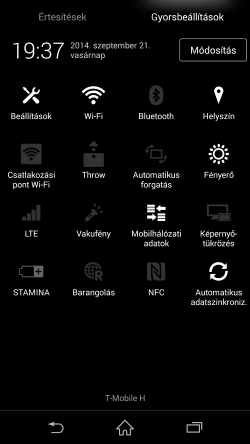 A gyorskapcsoló panel Sony Xperia Z3 felületén