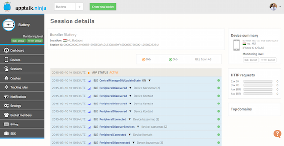 Egy Bluetooth kommunikáció részletes logja; a nagyított kép lefelé görgethető.