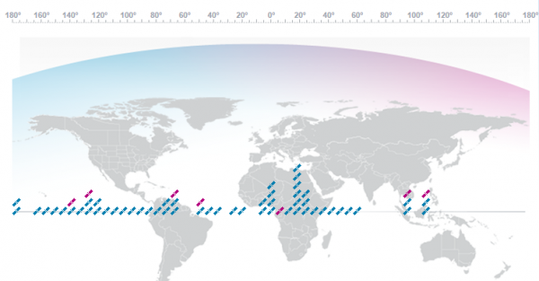 SES műholdak világszerte - a kékek már üzemelnek, a lilák a tervezettek