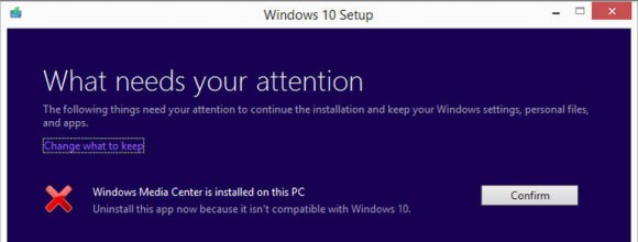 Hibaüzenet a Media Center telepítése közben Windows 10 operációs rendszeren