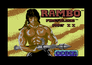 A Rambo betöltőképernyője a Commodore 64-en trükközés nélkül elérhető szintet hozza.