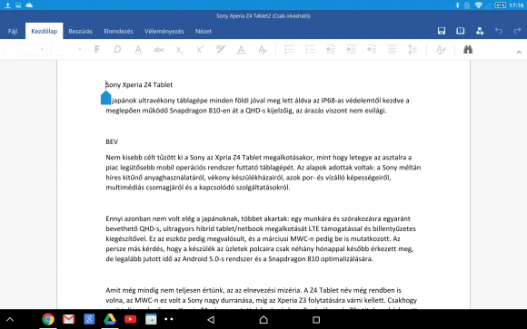 A Sony Xperia Z4 Tablet teljes Office csomagot kapott, amely remekül használható 
