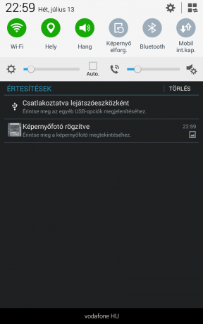 A Samsung Galaxy Tab Active értesítési panelja a kapcsolókkal