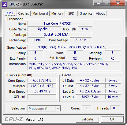 Intel Core i7-6700K mérnöki minta 6531,72 MHz-en