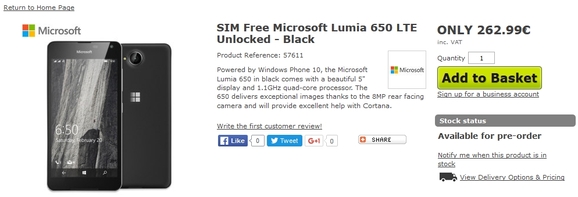 A MobileFun webáruház oldalán rövid időre felbukkant a „Lumia 650”