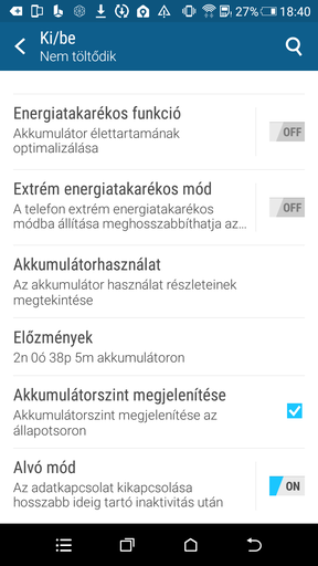 A böngésző és az akkumulátor menüpontja