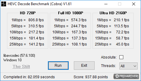 A HEVC dekódolás sebességét ilyen benchmarkkal mértük.