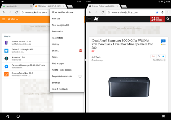 Osztott képernyős módban a Chrome lapokat az egyik oldalról át lehet húzni a másikra