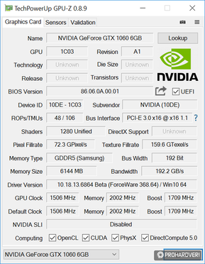 A GTX 1060 GPU-Z adatai