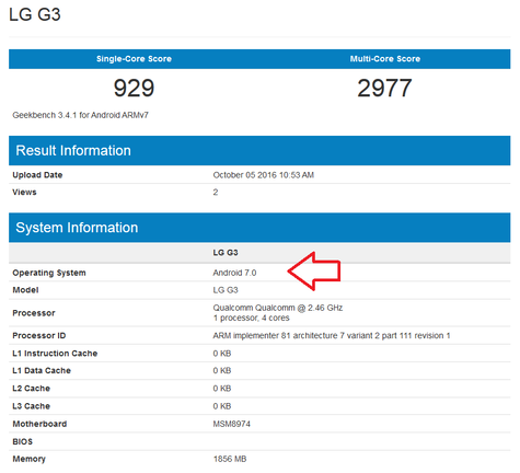 Android 7.0 rendszerverzió az LG G3-on a Geekbench szerint
