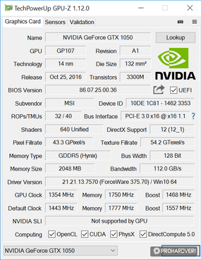 Az MSI GeForce GTX 1050 GPU-Z adatai