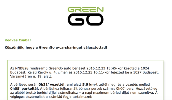 A bérlés után kapunk egy összefoglalót emailben. Térképes nézet nincs, azt nem láthatjuk, hogy merre jártunk.