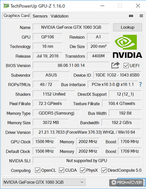 Az ASUS GeForce GTX 1060 3 GB GPU-Z adatai