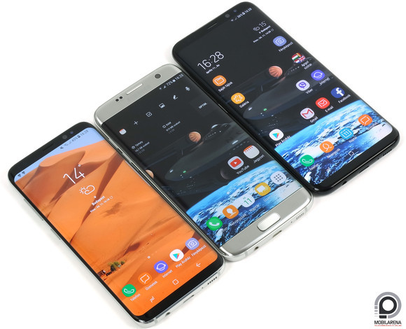 A Samsung Galaxy S7 edge, balján az S8-cal, jobbján pedig az S8+-szal