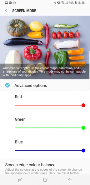 A Galaxy S8 kibővített kalibrációs opciói a frissítés után